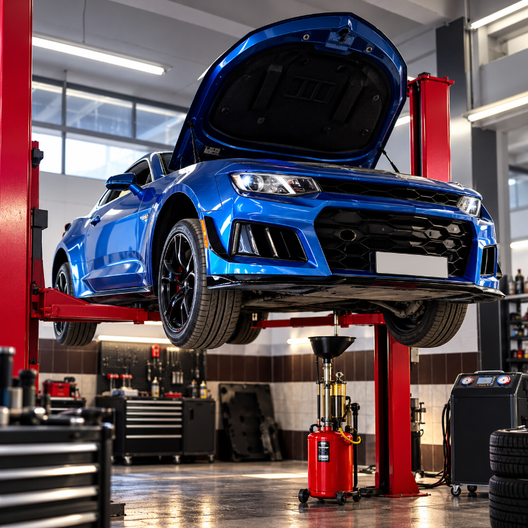 Servis liftinde bakım yapılan otomobil